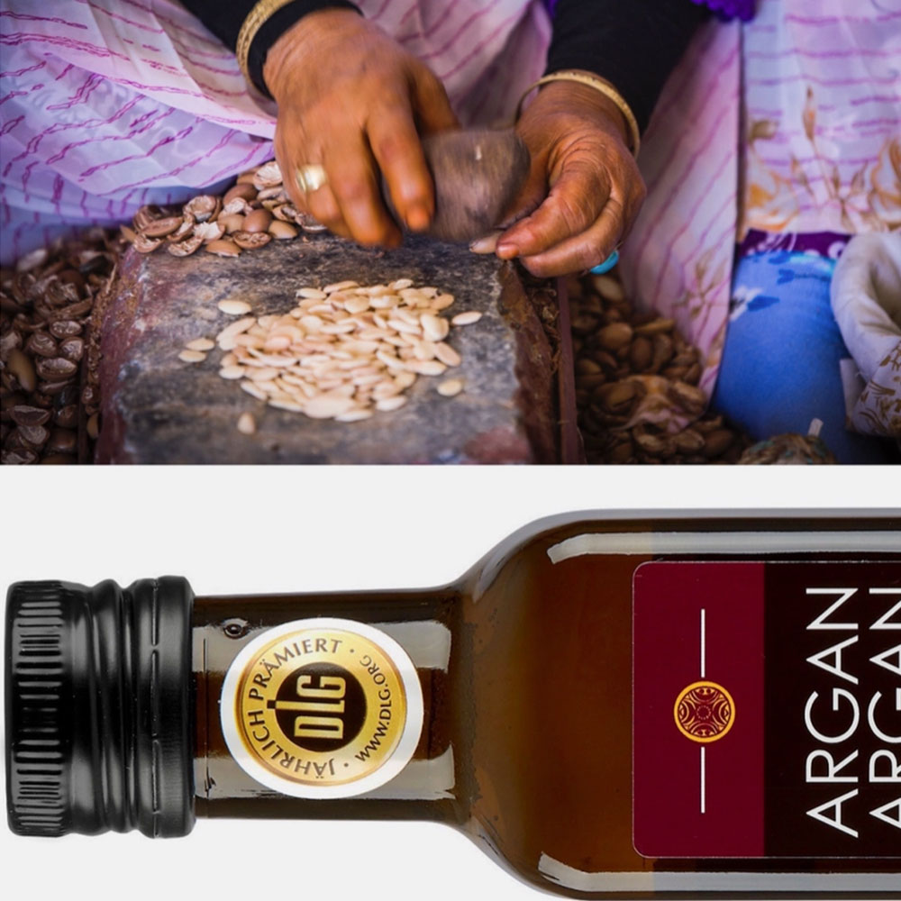 "Entdecken Sie unser hochwertiges Bio-Arganöl, das aus den Nüssen des Arganbaums in Marokko gewonnen wird. Reich an essentiellen Fettsäuren und Antioxidantien, ist dieses natürliche Öl ideal für die Haut- und Haarpflege. Es spendet Feuchtigkeit, fördert die Elastizität der Haut und verleiht dem Haar einen strahlenden Glanz."