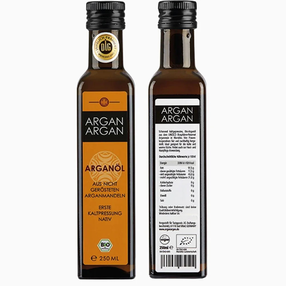 "Entdecken Sie unser hochwertiges Bio-Arganöl, das aus den Nüssen des Arganbaums in Marokko gewonnen wird. Reich an essentiellen Fettsäuren und Antioxidantien, ist dieses natürliche Öl ideal für die Haut- und Haarpflege. Es spendet Feuchtigkeit, fördert die Elastizität der Haut und verleiht dem Haar einen strahlenden Glanz. "