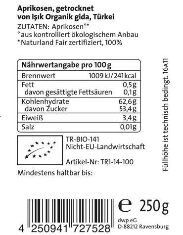 Aprikosen, getrocknet, bio°, Naturland Fair, 250g - von türkischen Kleinbauern