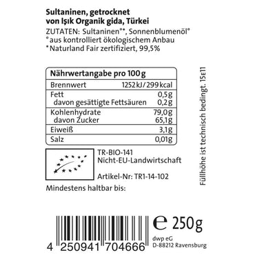 Sultaninen, getrocknet, bio°, Naturland Fair, 250g - von türkischen Kleinbauern