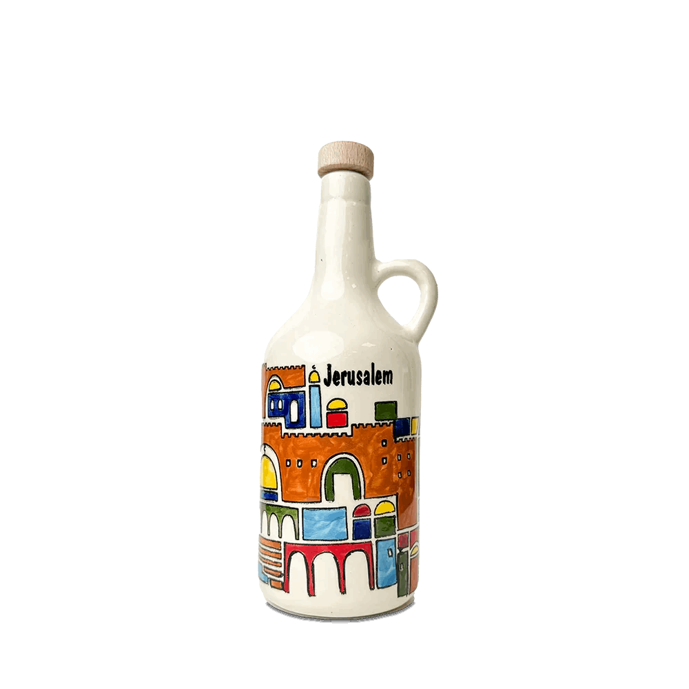 Handgemalte Keramik-Olivenölflasche aus Hebron + 500 ml Olivenöl – Limitierte Kunstedition mit Stadtmotiven aus Palästina Rift Valley Farms Jerusalem