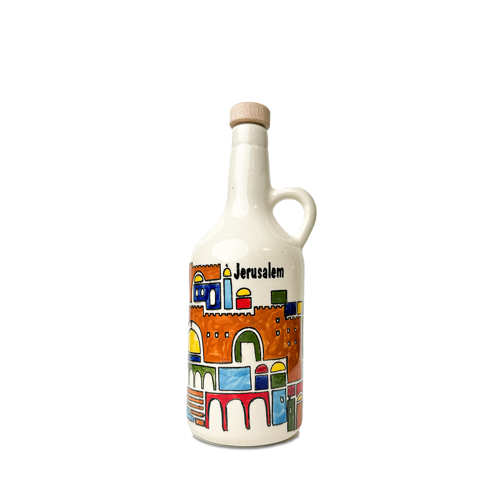 Handgemalte Keramik-Olivenölflasche aus Hebron – Limitierte Kunstedition mit Stadtmotiven aus Palästina