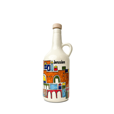 Handgemalte Keramik-Olivenölflasche aus Hebron – Limitierte Kunstedition mit Stadtmotiven aus Palästina
