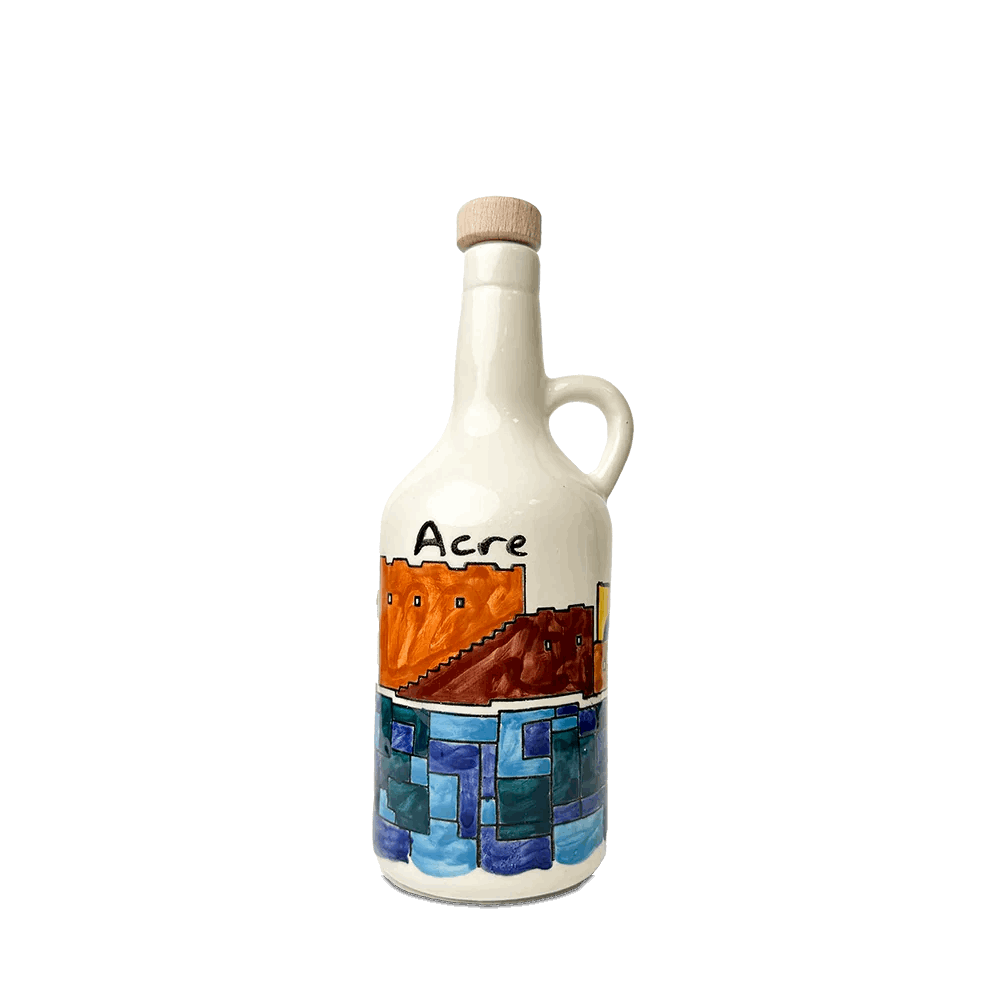 Handgemalte Keramik-Olivenölflasche aus Hebron + 500 ml Olivenöl – Limitierte Kunstedition mit Stadtmotiven aus Palästina