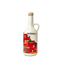 Handgemalte Keramik-Olivenölflasche aus Hebron + 500 ml Olivenöl – Limitierte Kunstedition mit Stadtmotiven aus Palästina Rift Valley Farms Betlehem
