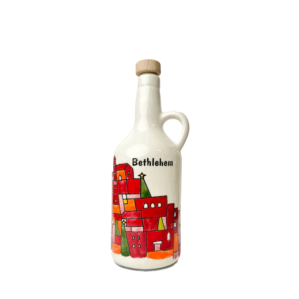 Handgemalte Keramik-Olivenölflasche aus Hebron + 500 ml Olivenöl – Limitierte Kunstedition mit Stadtmotiven aus Palästina