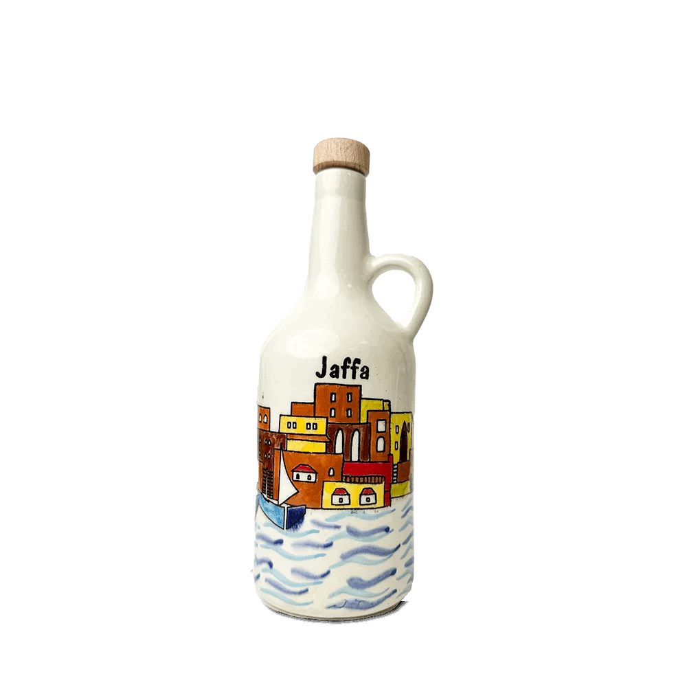 Handgemalte Keramik-Olivenölflasche aus Hebron + 500 ml Olivenöl – Limitierte Kunstedition mit Stadtmotiven aus Palästina