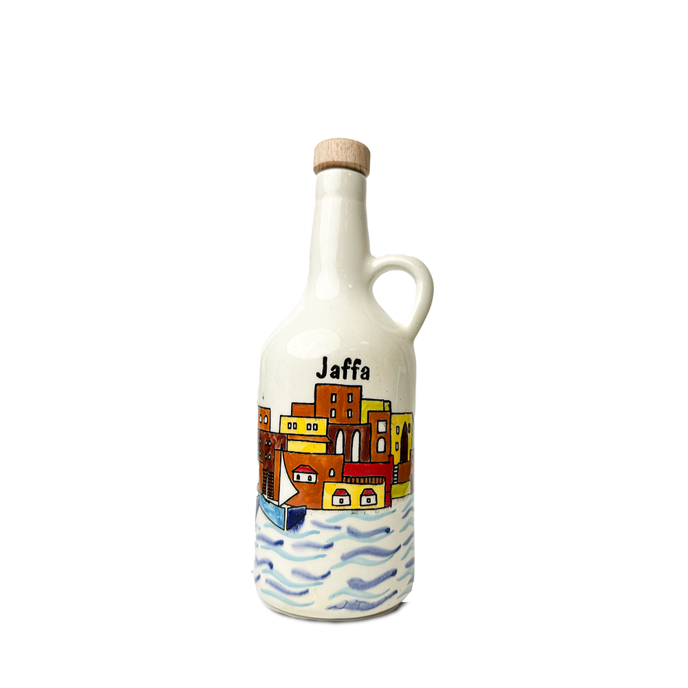 Handgemalte Keramik-Olivenölflasche aus Hebron – Limitierte Kunstedition mit Stadtmotiven aus Palästina