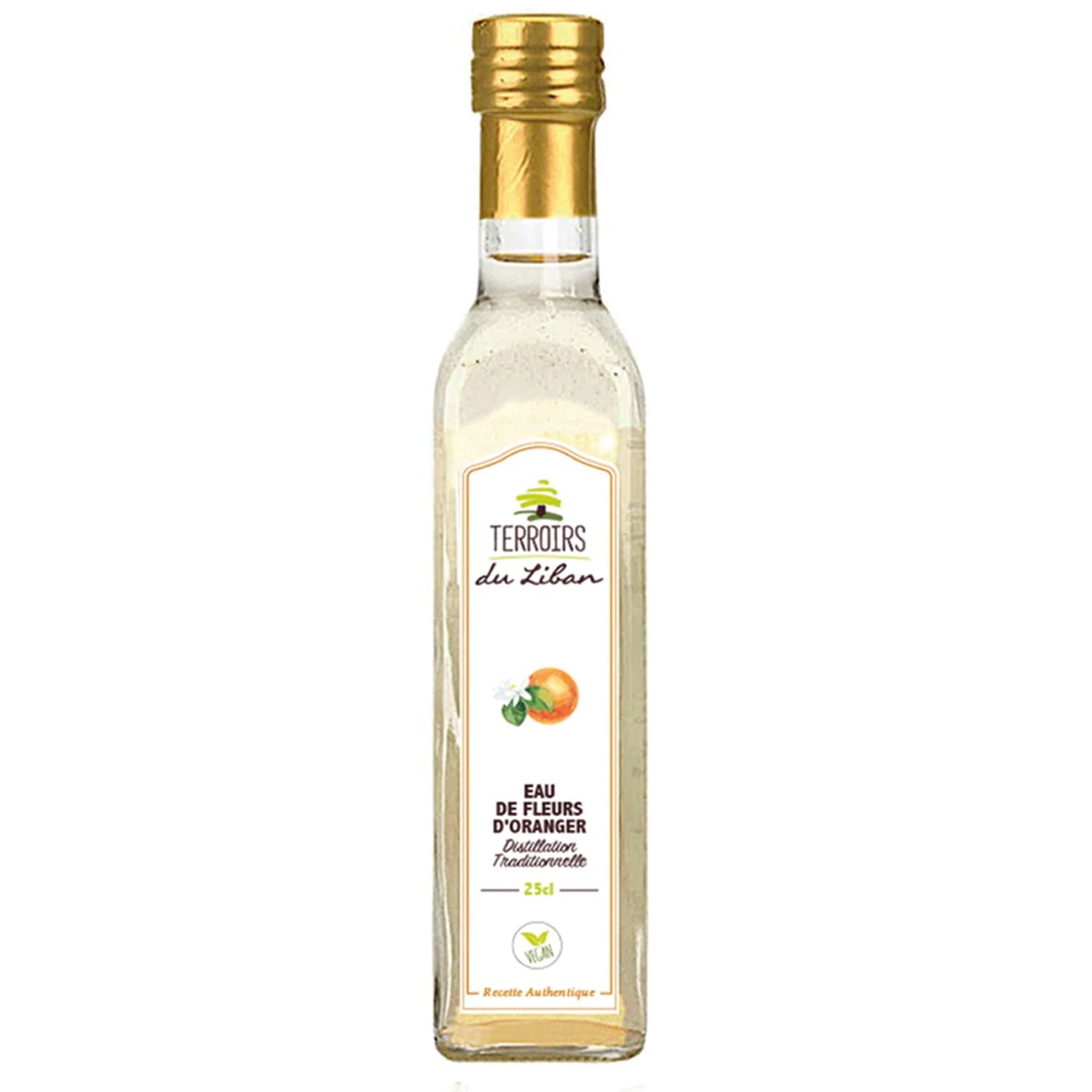 "Eine Flasche Orangenblütenwasser, 25cl, mit goldenem Verschluss.\t"