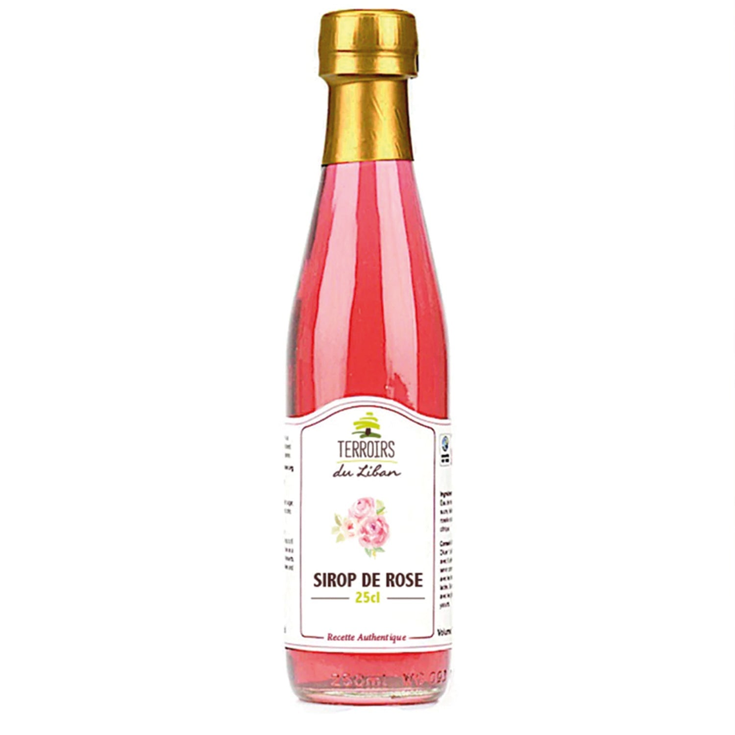 "Eine Flasche Rosen Sirup, 25cl, mit goldenem Verschluss.\t"