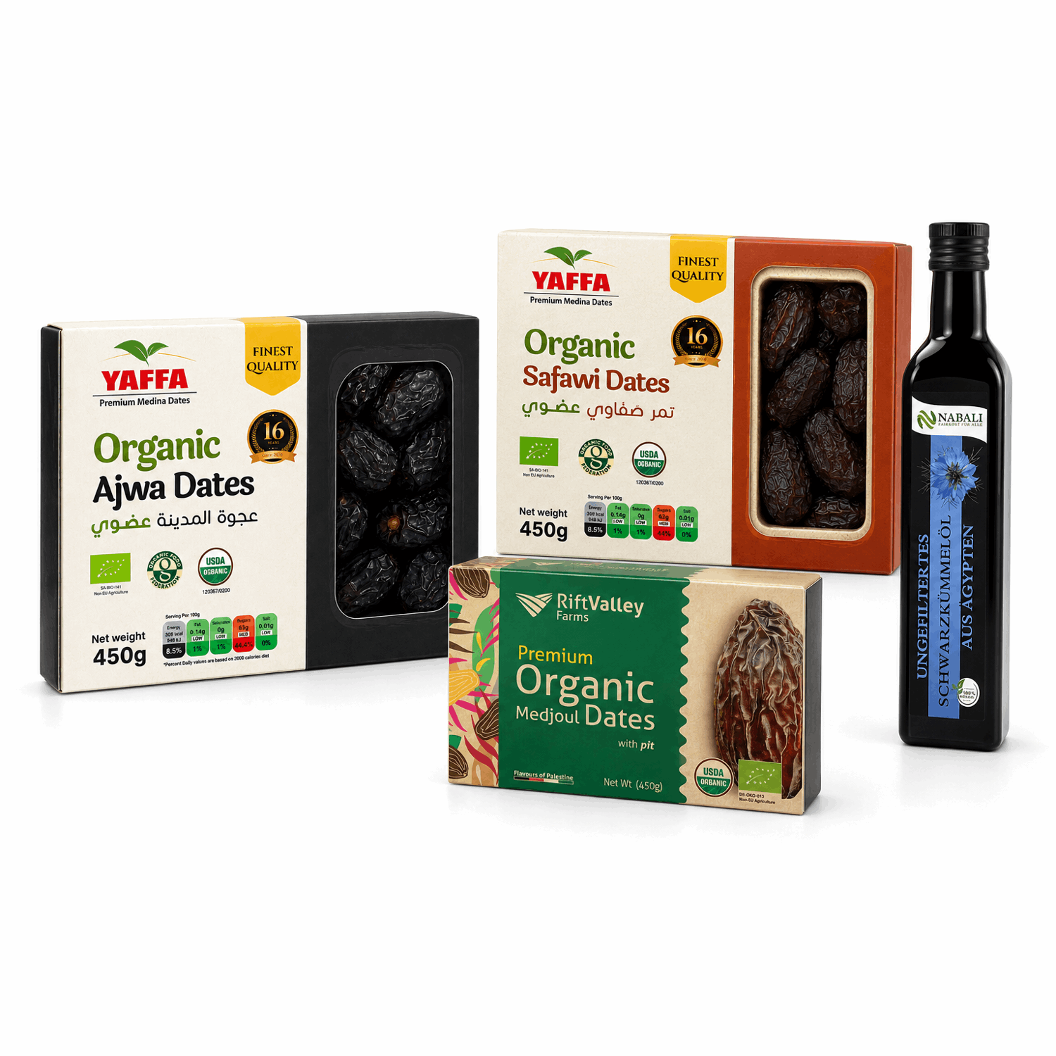 Bio Sunnah Bundle Premium – Ajwa Datteln, Safawi Datteln, Medjool Datteln & Schwarzkümmelöl (konventionell) | Natürliche Energie & Tradition | 4er Vorteilspaket