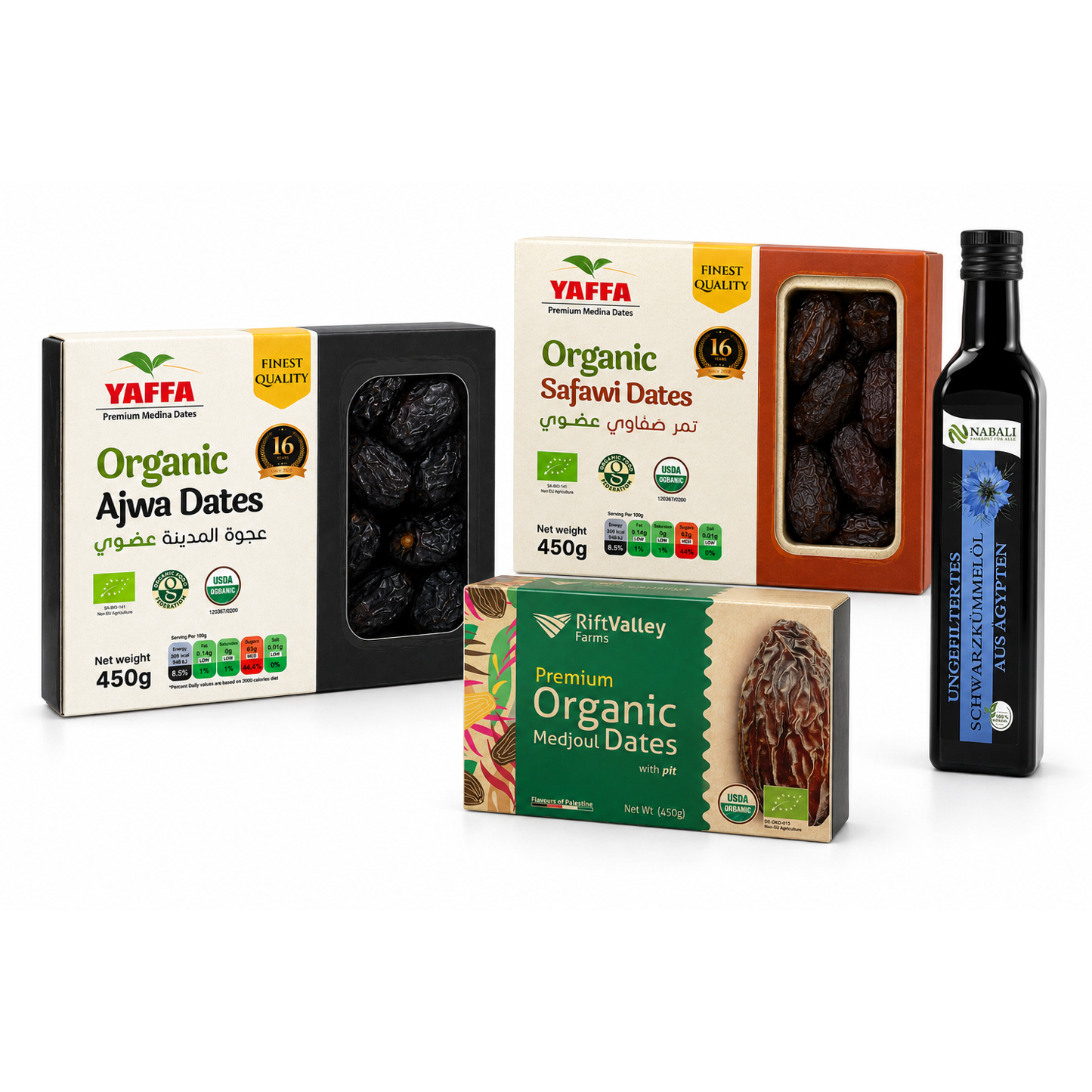 Bio Sunnah Bundle Premium – Ajwa Datteln, Safawi Datteln, Medjool Datteln & Schwarzkümmelöl (konventionell) | Natürliche Energie & Tradition | 4er Vorteilspaket