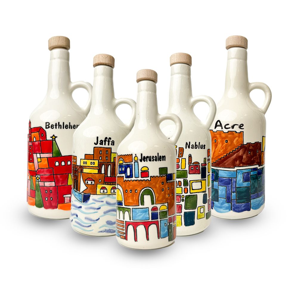 Handgemalte Keramik-Olivenölflasche aus Hebron – Limitierte Kunstedition mit Stadtmotiven aus Palästina