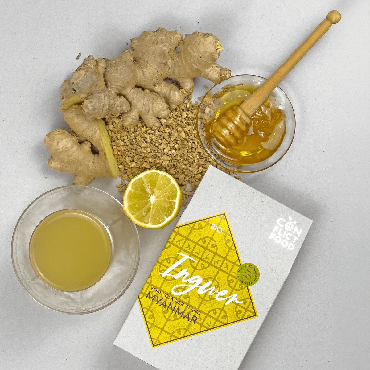 Conflictfood Bio-Ingwertee mit frischem Ingwer, Zitrone und Honig