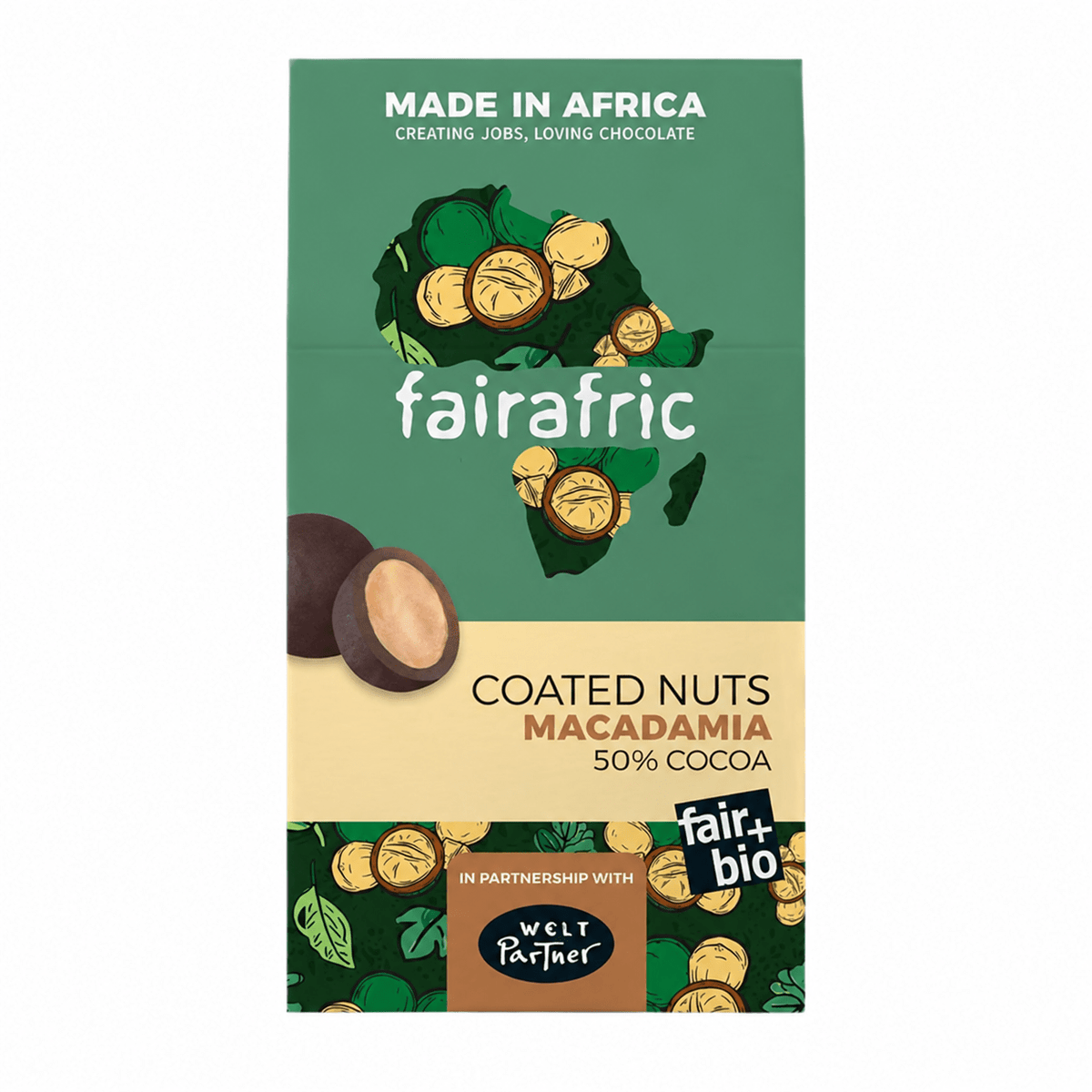 fairafric Coated Macadamia in 50 % Dark Chocolate, bio & vegan – 100 g Schokoladen-Snack fairafric