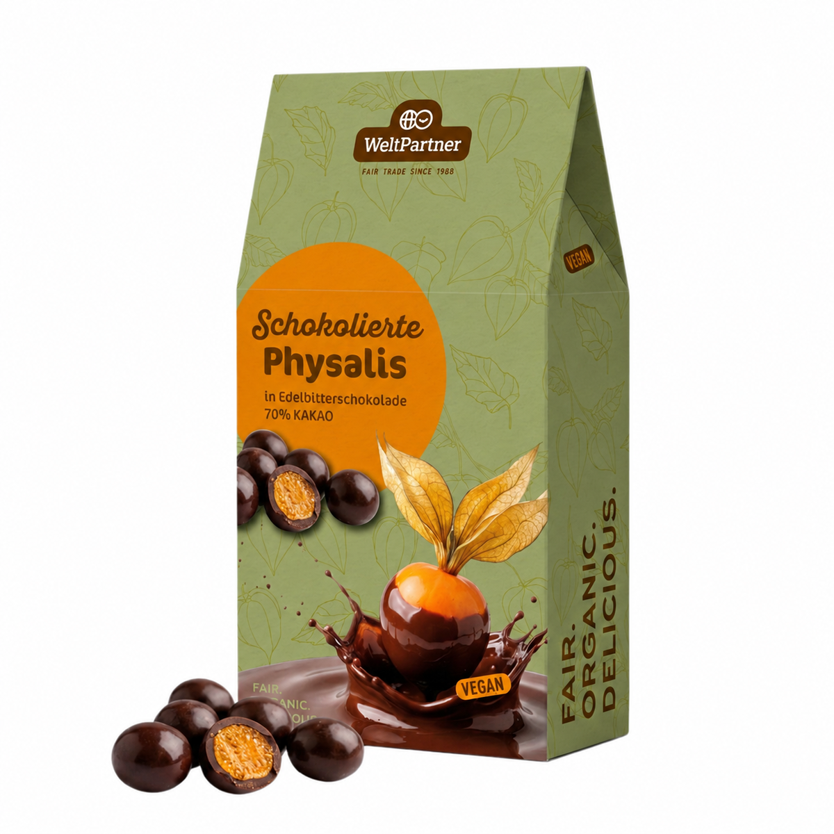 fairafric Physalis in Edelbitterschokolade, bio & vegan – 100 g Schokoladen-Snack fairafric