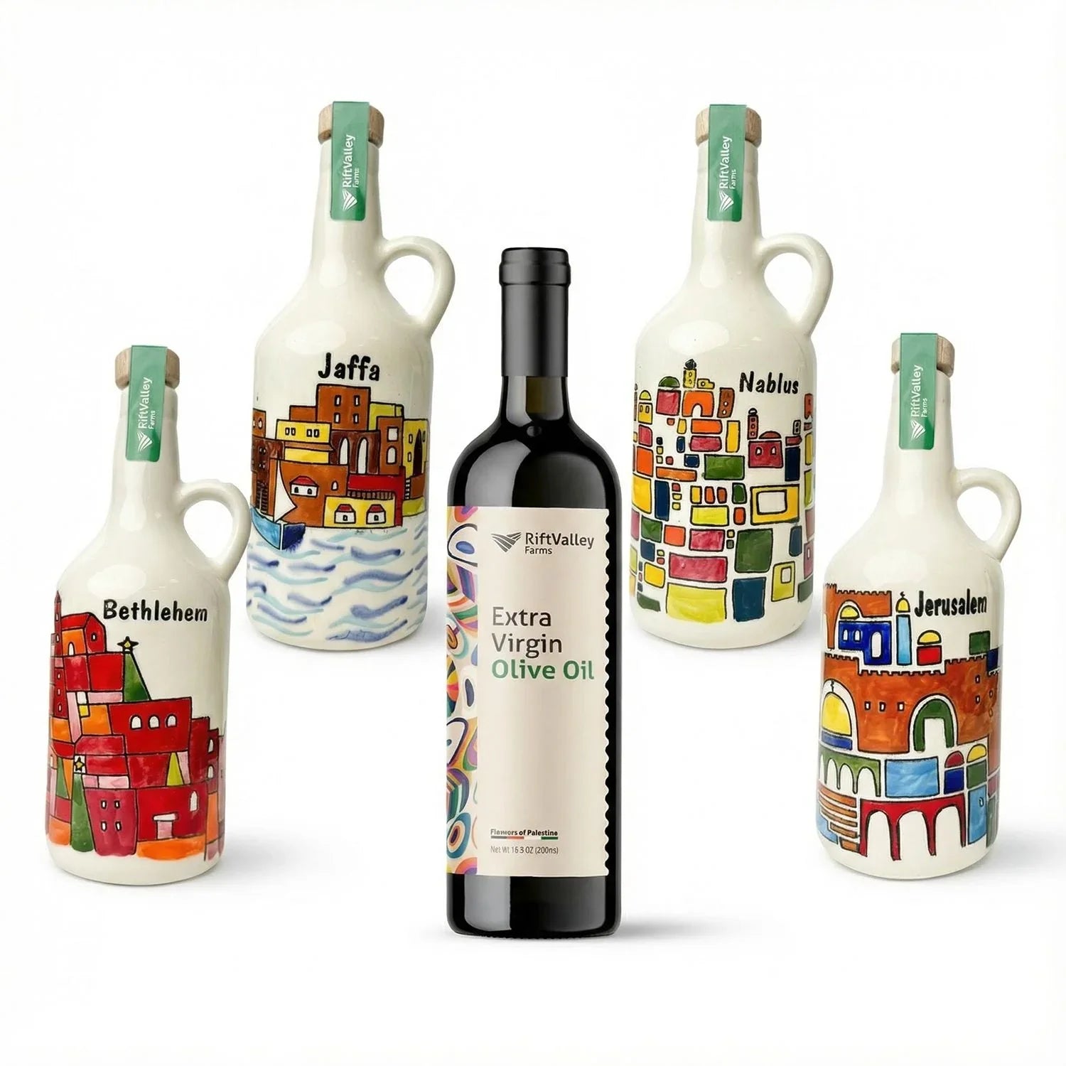 Handgemalte Keramik-Olivenölflasche aus Hebron + 500 ml Olivenöl – Limitierte Kunstedition mit Stadtmotiven aus Palästina Geschenkset Rift Valley Farms
