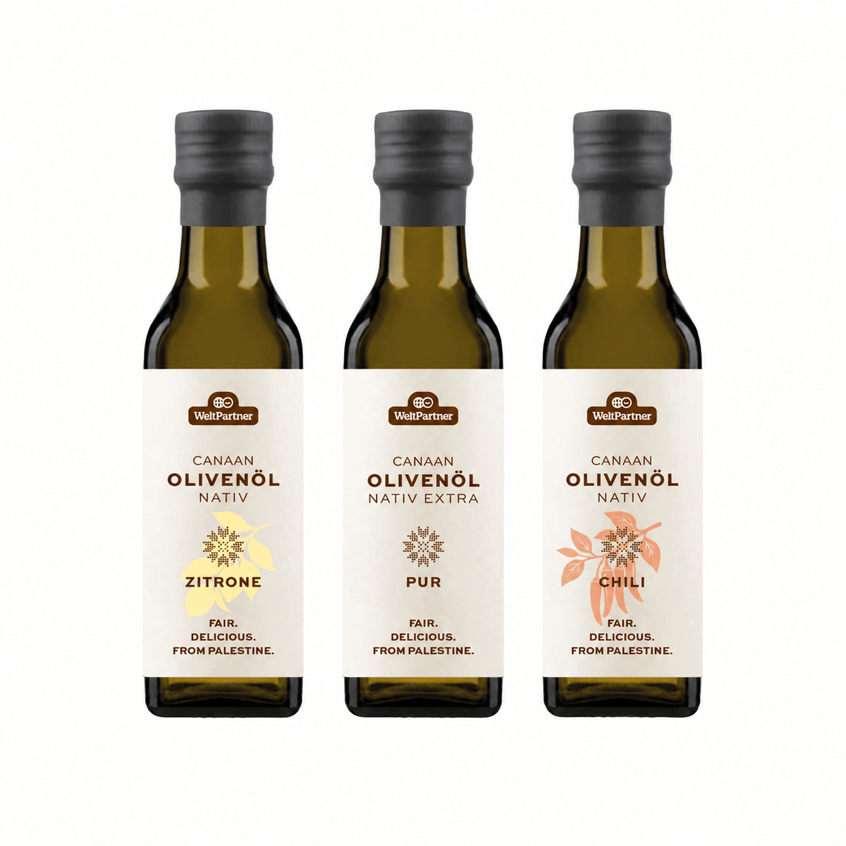 Olivenöl-Set aus Palästina: Pur, Zitrone & Chili – 3 × 100 ml Olivenöl WeltPartner